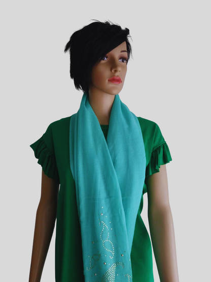 Foulard VERT D'EAU à strass dorés